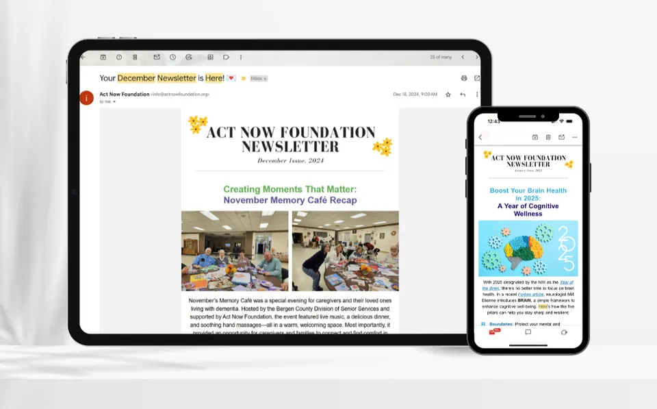 Laptop and smartphone displaying the Act Now Foundation monthly newsletter on screen.
